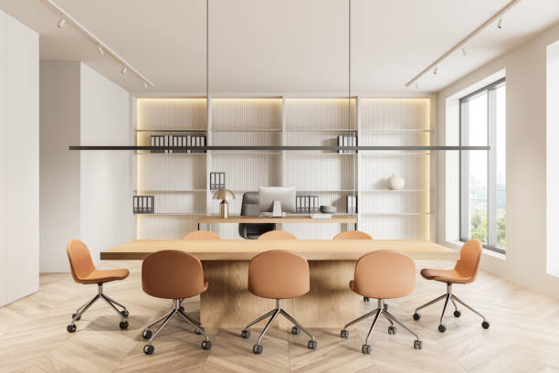 istock Ceo interior with workplace and meeting table with chairs, panoramic window 2178301620