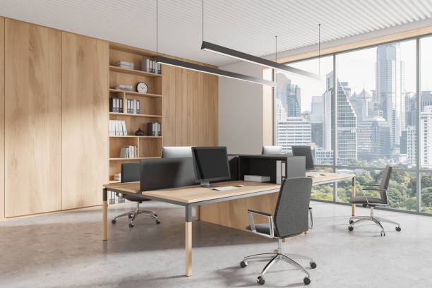 istock Modern office interior with wooden accents and city view. 3D Rendering 2178301633
