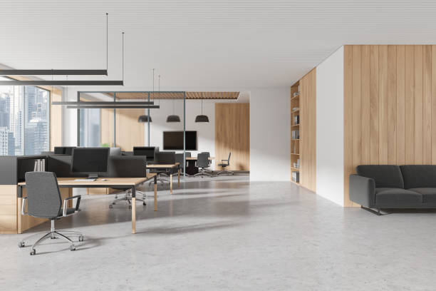 istock Modern open space office interior with wooden accents. 3D Rendering 2178301691