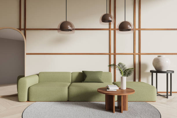 istock Modern living room with green sofa and minimalist decor. 3D Rendering 2178301749