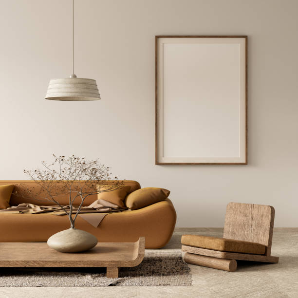 istock Mock up poster frame in boho style decorated livinig room. Modern, authentic Interior design of living room with wooden furnitures. 3D illustration 2178301763