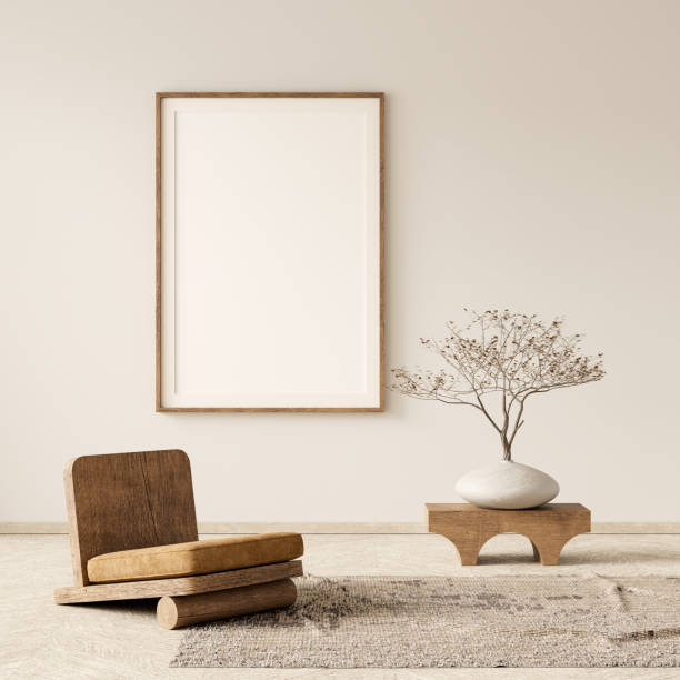 istock Mock up poster frame in boho style decorated livinig room. Modern, authentic Interior design of living room with wooden furnitures. 3D illustration 2178301764