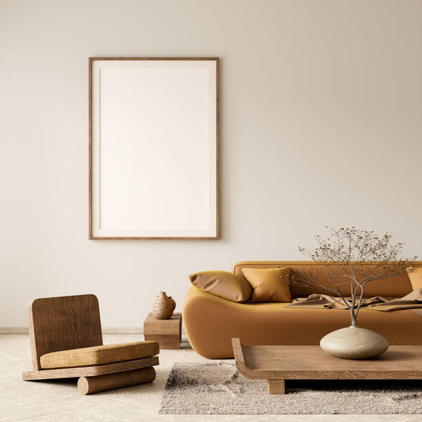 istock Mock up poster frame in boho style decorated livinig room. Modern, authentic Interior design of living room with wooden furnitures. 3D illustration 2178301767