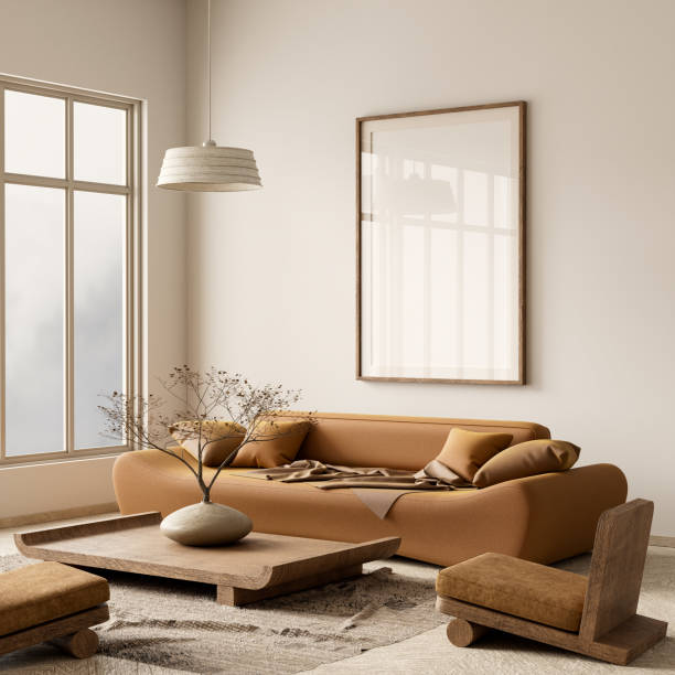 istock Mock up poster frame in boho style decorated livinig room. Modern, authentic Interior design of living room with wooden furnitures. 3D illustration 2178301769