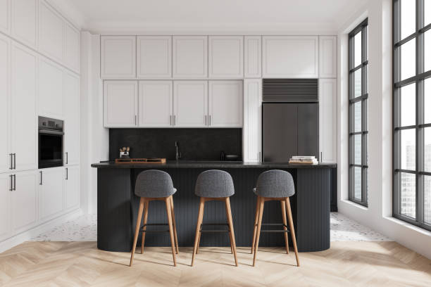 istock Classical home kitchen interior with bar island and cabinet, panoramic window 2178301784