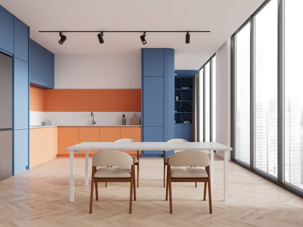 istock Modern kitchen interior with colorful cabinets and dining area. 3D Rendering 2178301809
