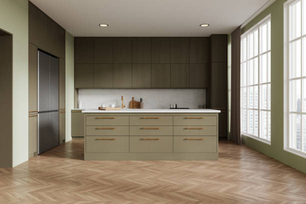 istock Green home kitchen interior with bar counter and cabinet, panoramic window 2178301916