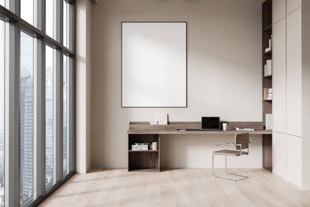 istock Beige home office room interior with desk and laptop, window. Mockup frame 2178302029