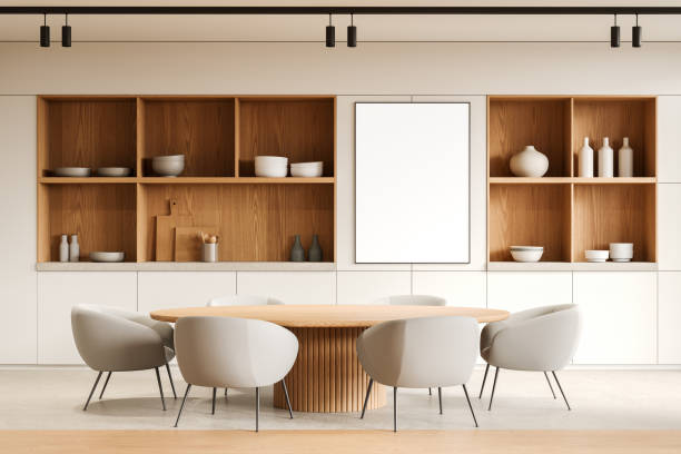 istock Luxury home kitchen interior with dining table and cabinet. Mockup frame 2178302257