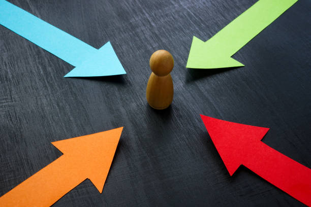istock Arrows pointing at a customer figure labeled customer focus. Client-centric strategy. 2178304688