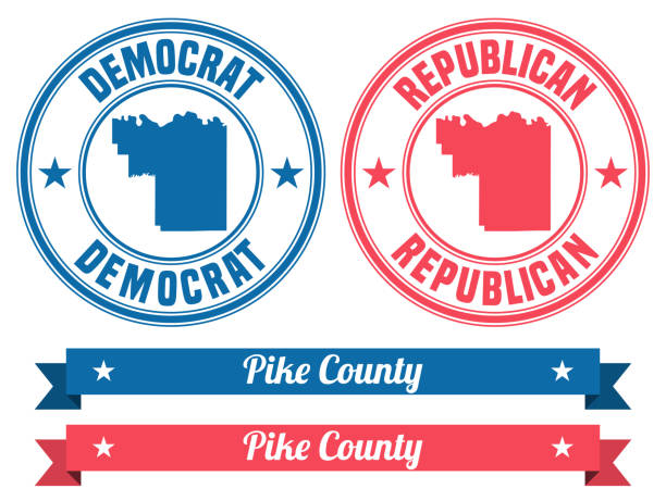 Pike County, Indiana. Map on rubber stamp with banner Map of Pike County - Indiana, on two blue and red rubber stamps. Two versions included in the bundle: - One blue stamp with the map in the middle and the word "Democrat" around. - One red stamp with the map in the middle and the word "Republican" around. And also two blue and red banners with the name of the county. Vector Illustration (EPS file, well layered and grouped). Easy to edit, manipulate, resize or colorize. Vector and Jpeg file of different sizes. seal of the state of indiana stock illustrations