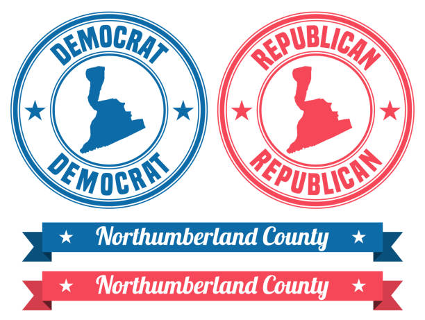 Northumberland County, Pennsylvania. Map on rubber stamp with banner Map of Northumberland County - Pennsylvania, on two blue and red rubber stamps. Two versions included in the bundle: - One blue stamp with the map in the middle and the word "Democrat" around. - One red stamp with the map in the middle and the word "Republican" around. And also two blue and red banners with the name of the county. Vector Illustration (EPS file, well layered and grouped). Easy to edit, manipulate, resize or colorize. Vector and Jpeg file of different sizes. modern map north east england uk stock illustrations