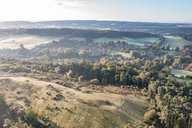 Early morning aerial view of Surrey Hills near Guildford Surrey England