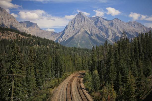 Aerial view of train tracks winding through forest and mountains