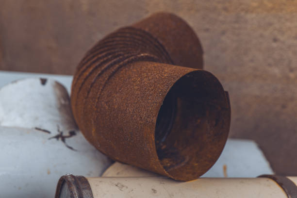 A rusty, metal pipe, bent in the middle, is resting on top of a white, slightly chipped surface.