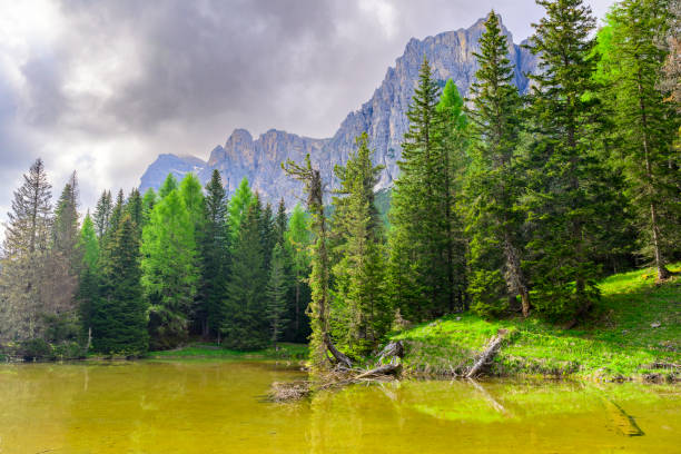 Lago bai di Dones (Lake The Woman's Bath) near the Cinque Torri (Five Towers) mountains in the Dolomites during a springtime day near Cortina D'Ampezzo in Veneto, Italy.