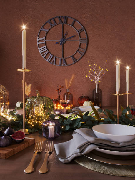 istock Autumn Thanksgiving Dining Table Setting on a Wooden Rustic Table. Fall Table Decoration with Pumpkins, Branches, Berries, Candles and Wine. 2178315951