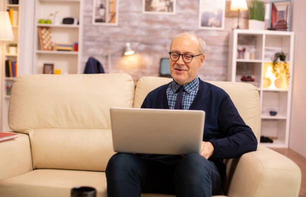 istock Elderly old couple using modern laptop to chat with their grandson 2178324970