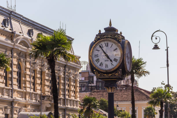 Georgia, Batumi, 28.08.2024: Big clock on Europe Square in Batumi. Travel to Georgia. Batumi landmarks.