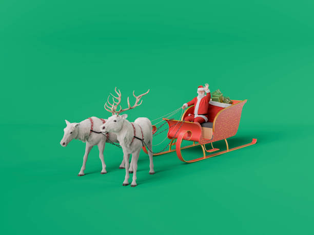 istock Santa claus waving from sleigh pulled by reindeer on green background 2178328616