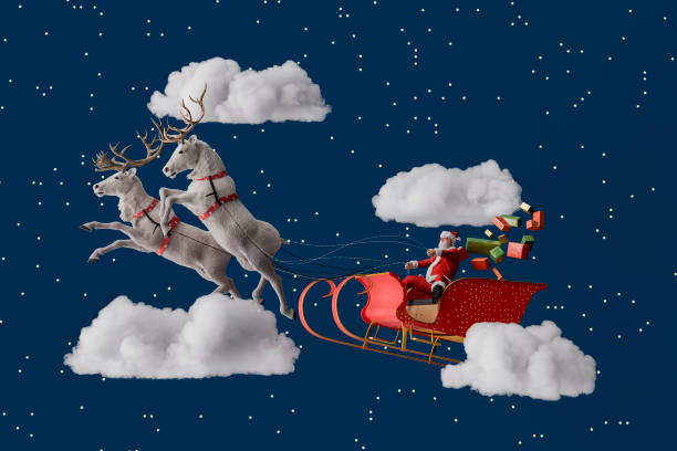 Santa claus flying through starry sky delivering christmas presents