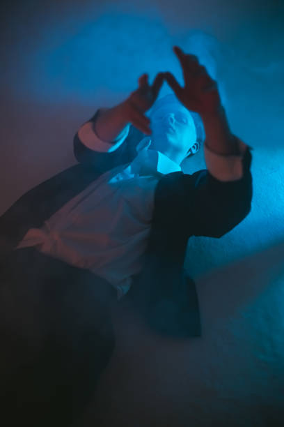 Man in studio. with neon light.