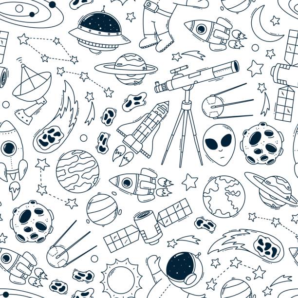 Outer space seamless pattern with doodles Nursery space monochrome seamless pattern with cute hand drawn doodles for wallpaper, textile prints, backgrounds, wrapping paper, scrapbooking, stationery, etc. EPS 10 astronaut doodle stock illustrations