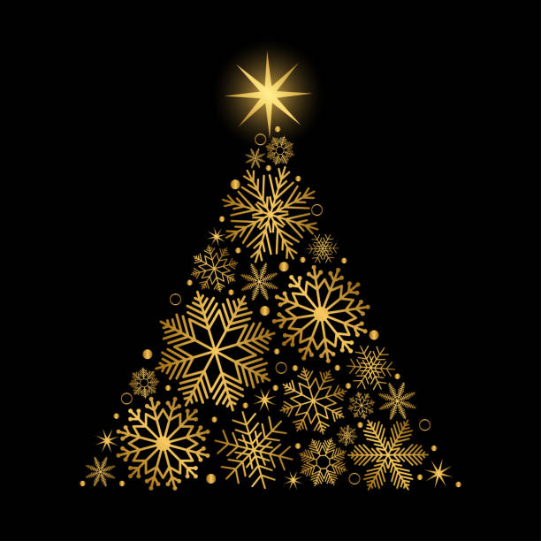 istock Beautiful Christmas tree made of golden snowflakes on a black background. Winter vector illustration for invitations. 2178334410