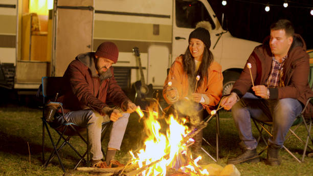 istock Friends relaxing around camp fire and roasting marshmallows on sticks 2178334654
