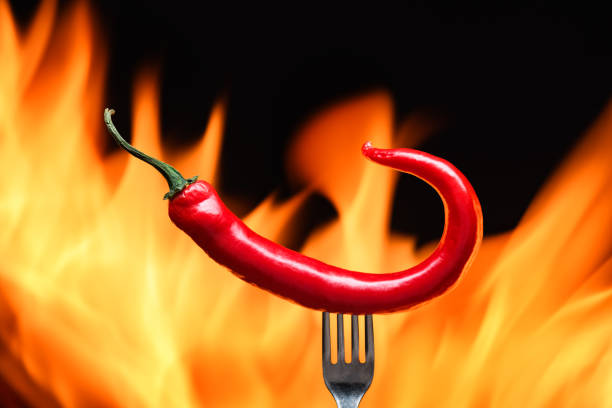 istock red chili pepper, pricked on a fork, on a background of burning fire, hot flames, on a black background 2178337359