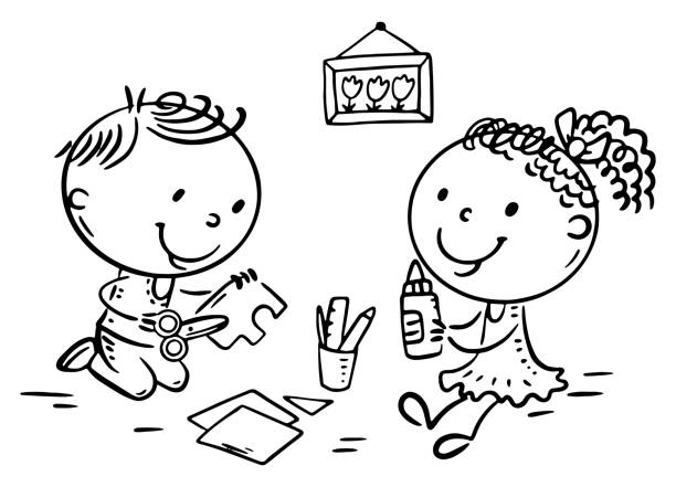 Black and white illustration of cartoon two kindergarten children crafting together. Preschooler kids doing common activity, communication and cooperation outline clipart, coloring page Cartoon two kindergarten children crafting together. Preschooler kids doing common activity, communication and cooperation outline clipart, coloring page. Black and white vector illustration craft activities for preschoolers stock illustrations