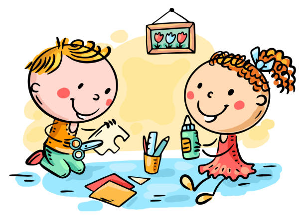 Cartoon two kindergarten kids crafting together. Preschooler children doing common activity, communication and cooperation clipart Cartoon two kindergarten kids crafting together. Preschooler children doing common activity, communication and cooperation clipart, vector illustration craft activities for preschoolers stock illustrations