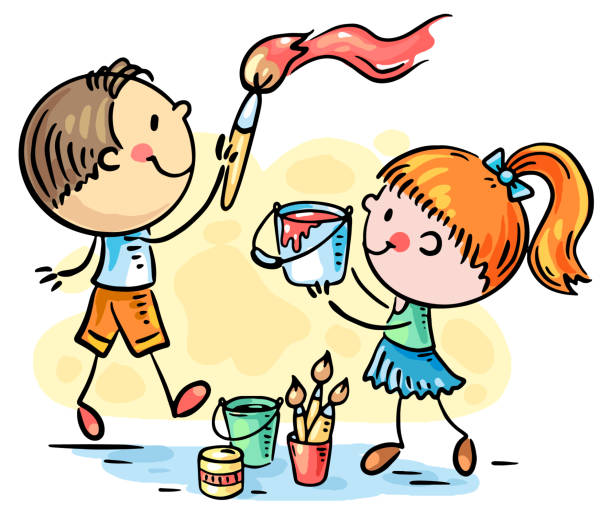 Cartoon two children painting together. Boy and girl cooperation, kids communication and common activity clipart Cartoon two children painting together. Boy and girl cooperation, kids communication and common activity clipart, vector illustration craft activities for preschoolers stock illustrations