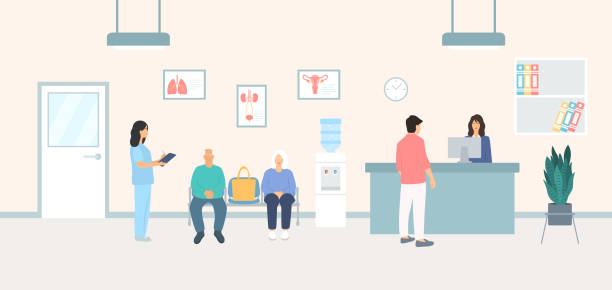 illustrazioni stock, clip art, cartoni animati e icone di tendenza di pazienti anziani seduti su sedie e in attesa dell'appuntamento in ospedale. receptionist donna che parla con un giovane alla reception - ambulatorio medico