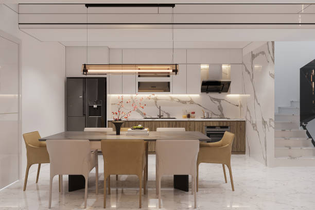 istock Luxury Modern Kitchen and Dining Room with Marble Accents and Contemporary Lighting 2178350035