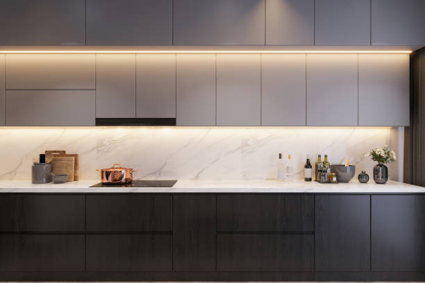 istock Minimalist Kitchen Interior with Marble Backsplash and Modern Appliances 2178350048