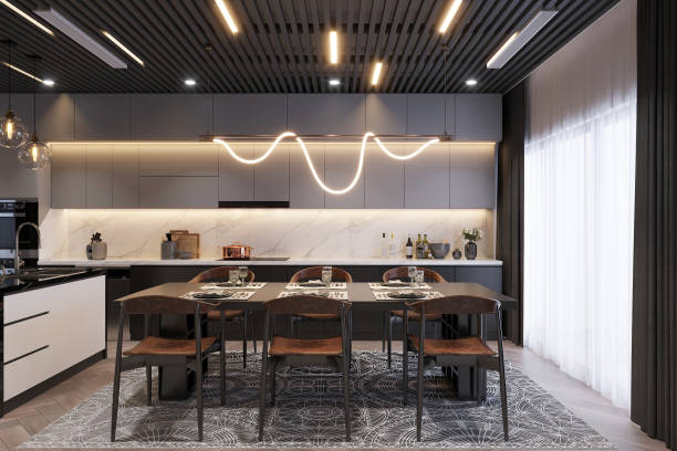 istock Modern Kitchen and Dining Area with Stylish Lighting and Marble Backsplash 2178350064