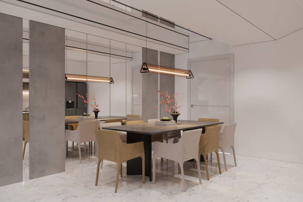 istock Modern Minimalist Dining Room with Elegant Lighting and Neutral Tones 2178350097