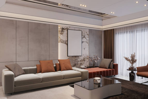 istock Modern Luxury Living Room with Minimalist Sofa and Marble Accent Wall 2178350099