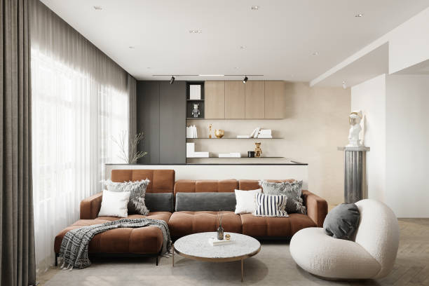istock Modern Cozy Living Room with Earth Tone Sofa and Sculptural Decor 2178351992