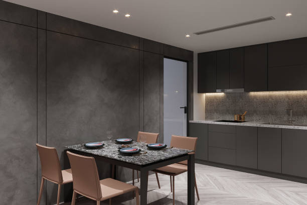 istock Minimalist Modern Dining Area with Dark Gray Walls and Contemporary Kitchen 2178352008