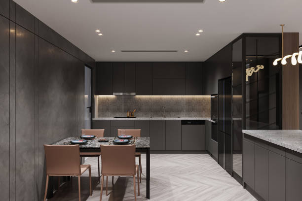 istock Modern Minimalist Kitchen with Black Cabinets and Granite Dining Table 2178352116