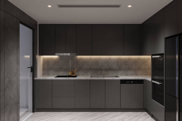 istock Modern Minimalist Kitchen with Black Cabinets and Marble Countertop 2178352122