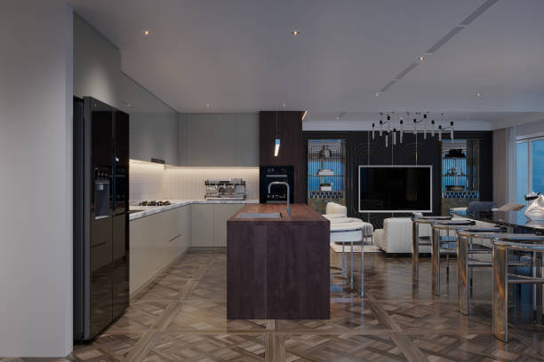 istock Modern Open Concept Kitchen and Living Room with Central Island and Contemporary Design 2178352130