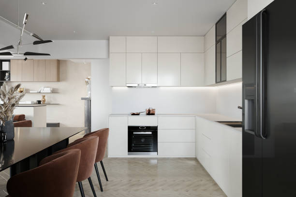 istock Modern White Kitchen Interior with Dining Area and Contemporary Appliances 2178352144