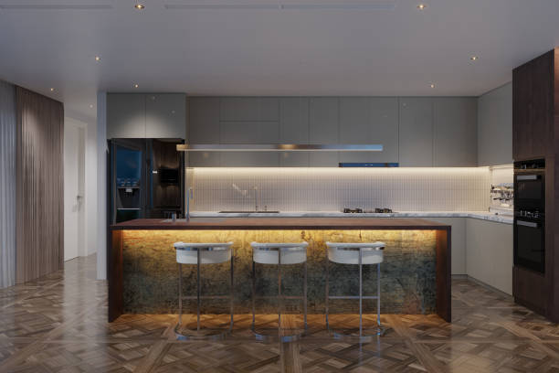 istock Sleek Modern Kitchen Interior with Stylish Marble Island and Designer Bar Stools 2178352152