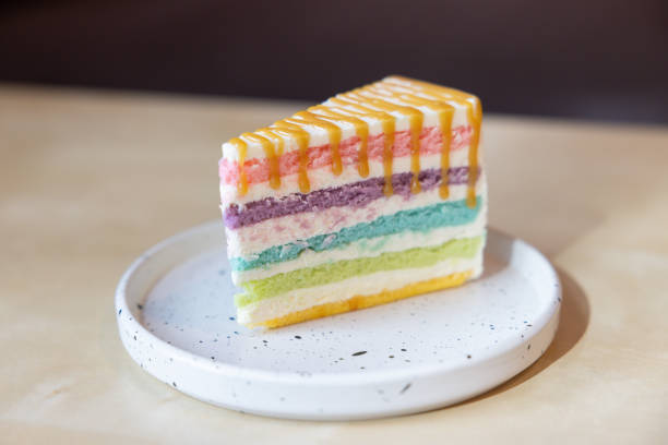 istock A colorful cake with a yellow stripe on it sits on a white plate 2178352720