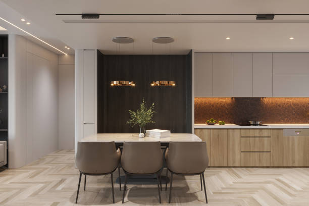 istock Luxury Kitchen and Dining Area with Marble Table, Wood Cabinets, and Modern Lighting 2178352821