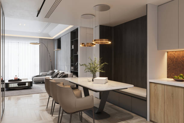 istock Modern Dining Area with Marble Table, Stylish Lighting, and Open-Plan Living Room 2178352854