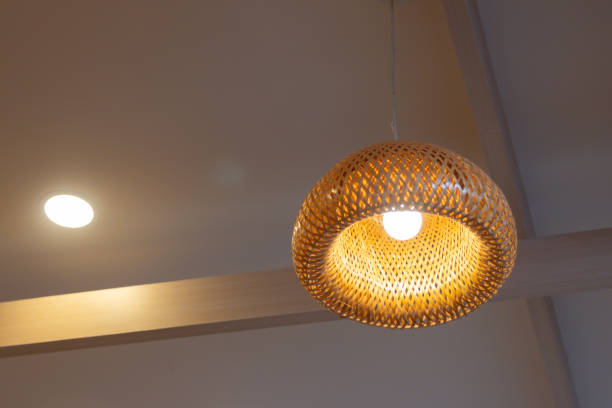 istock lamps with a woven design hanging from the ceiling. 2178352919